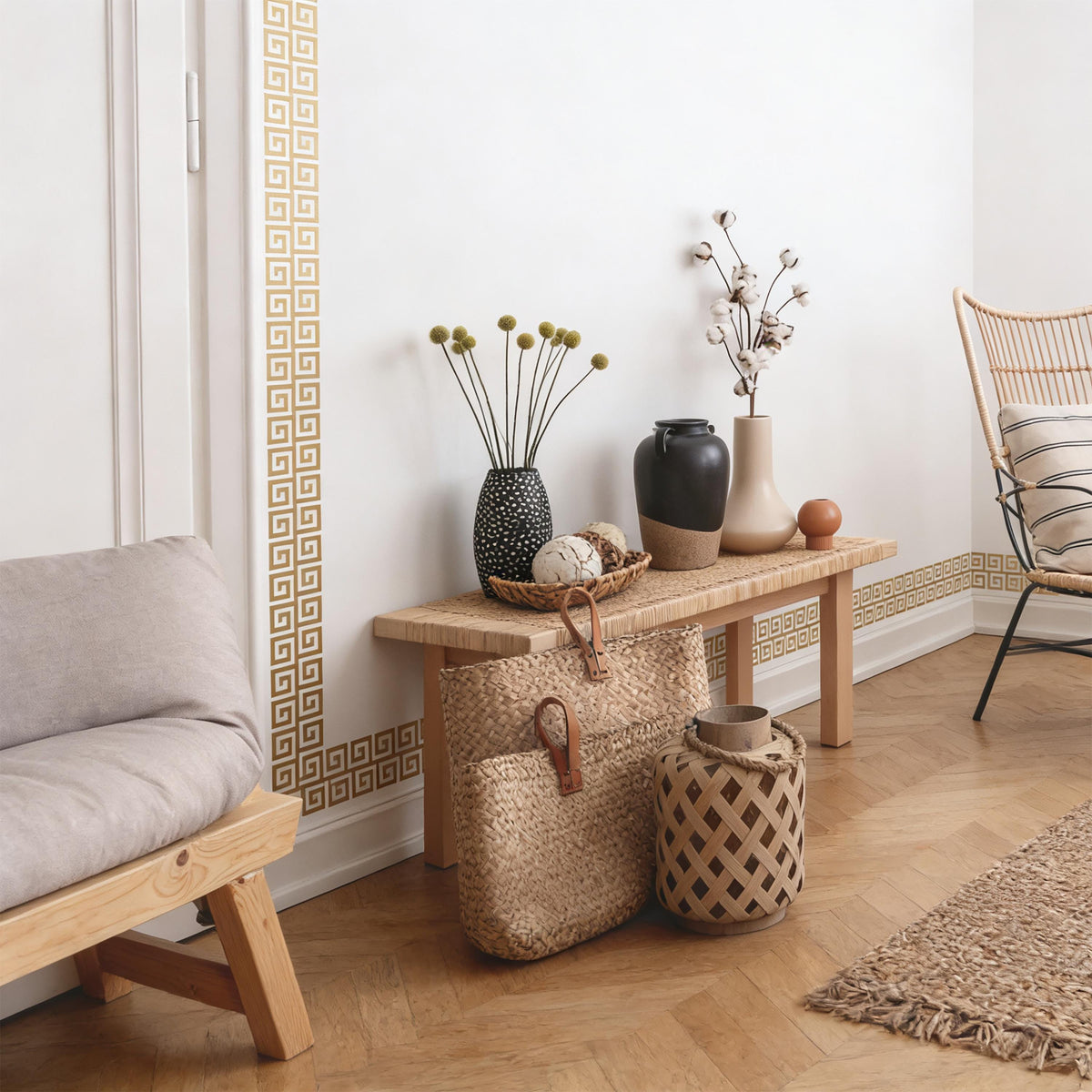 Greek Key Wall Decal Border displayed in a styled space