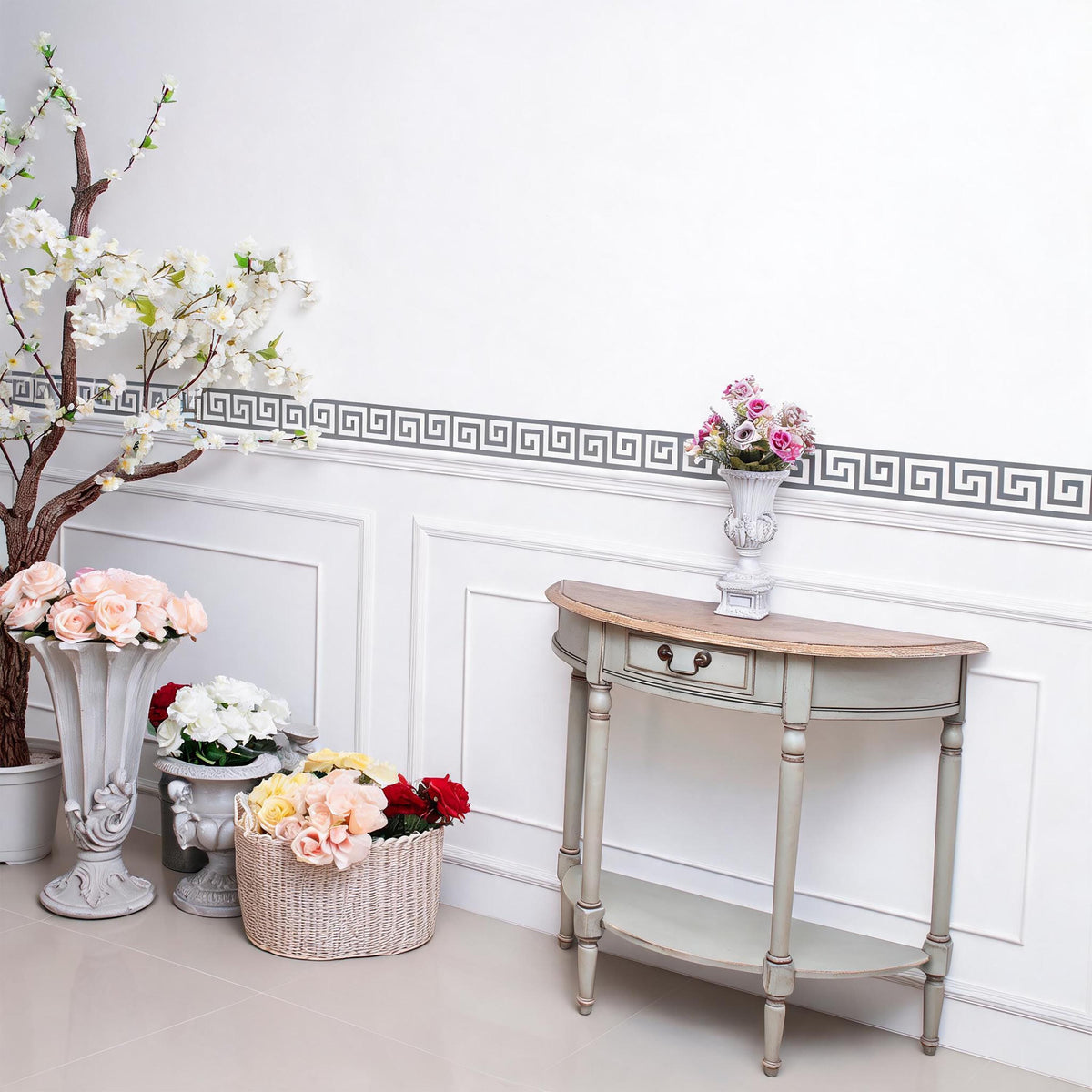 Greek Key Wall Decal Border displayed in a styled space