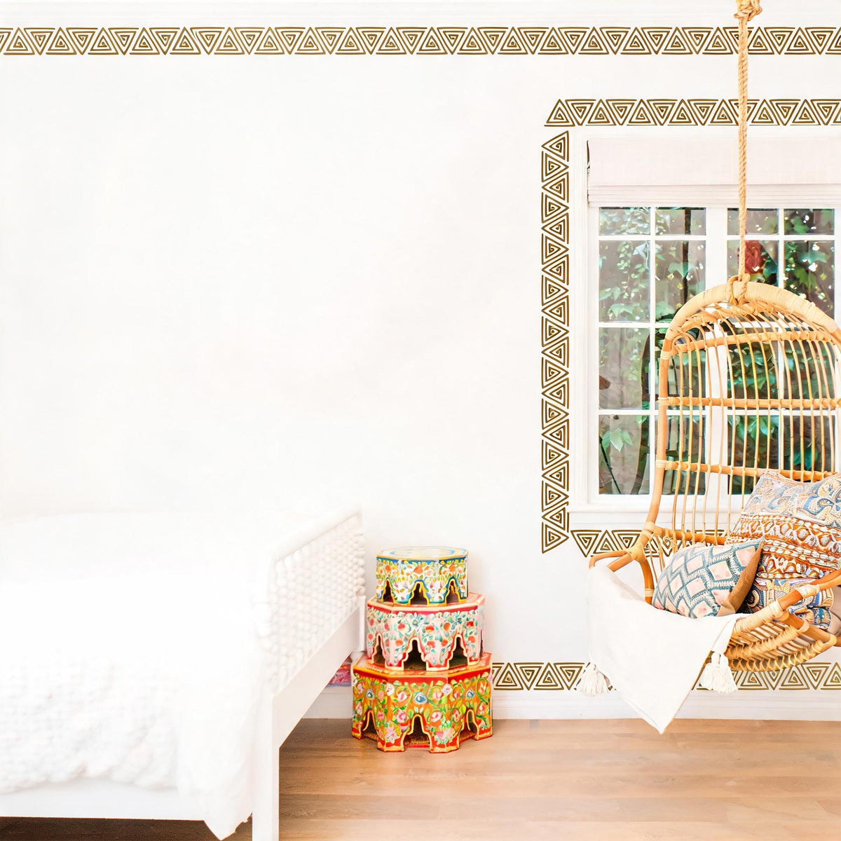 Greek Key Wall Decal Border shown in a nursery setting