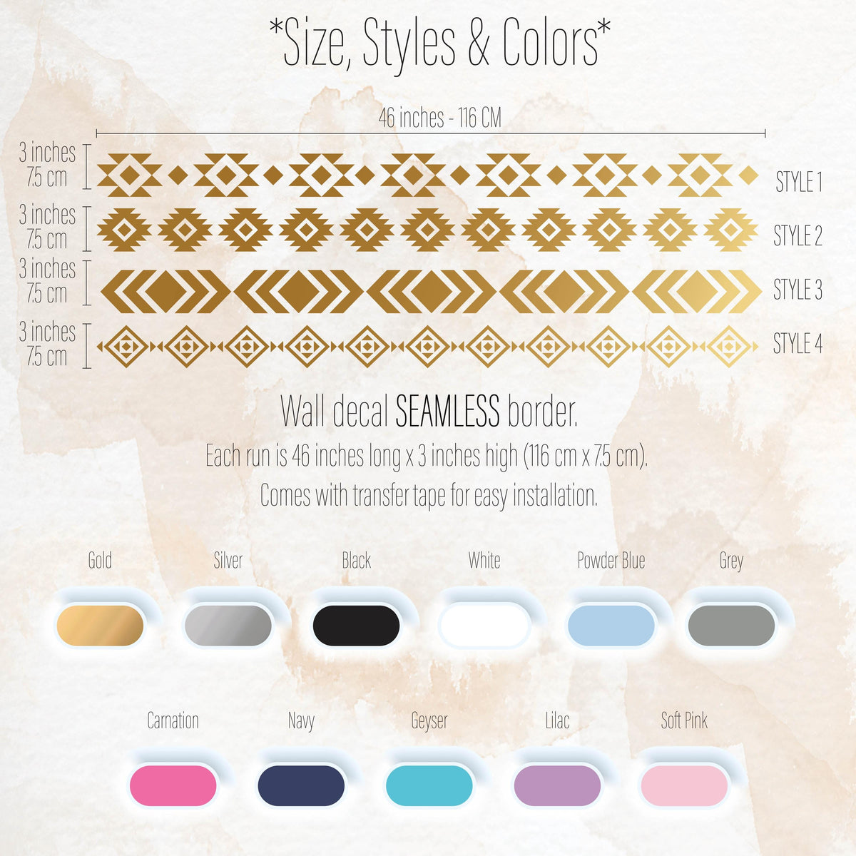 Color and size reference for Southwestern Wall Decal Border