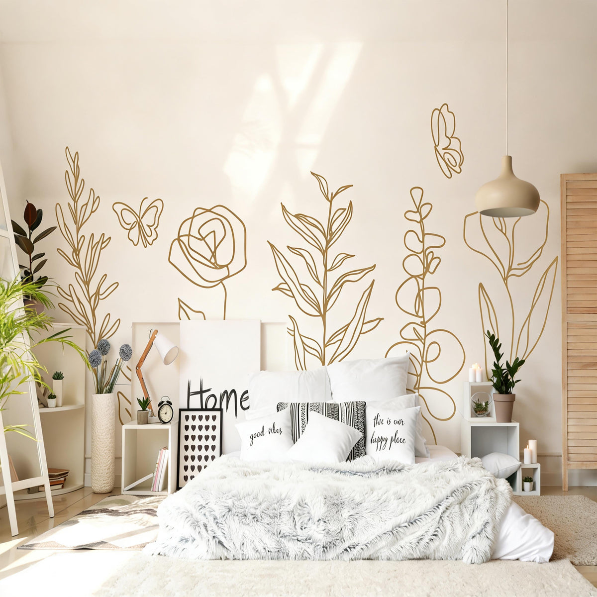 Boho Floral Wall Decals on a feature wall