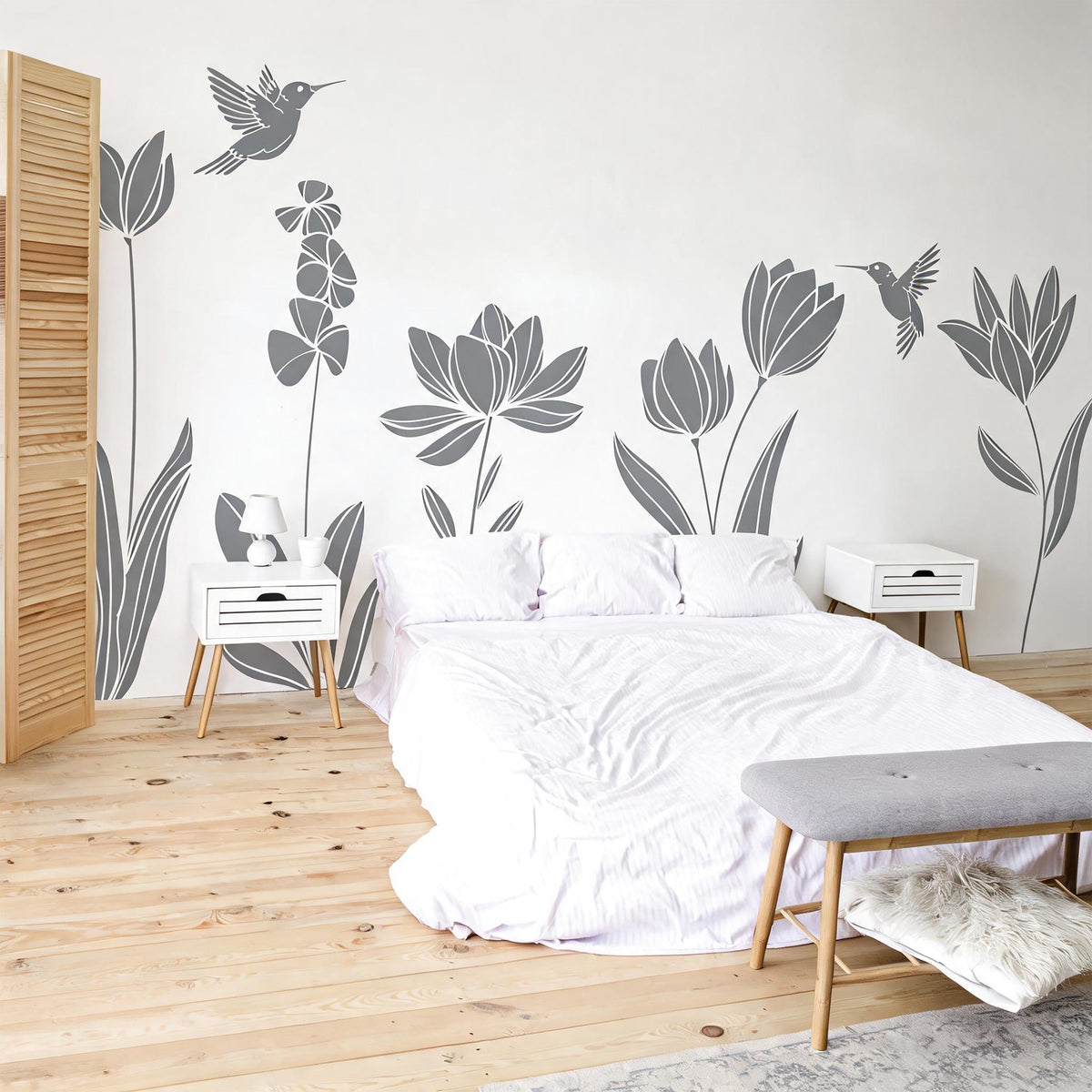 Boho Floral Wall Decals displayed in a styled space