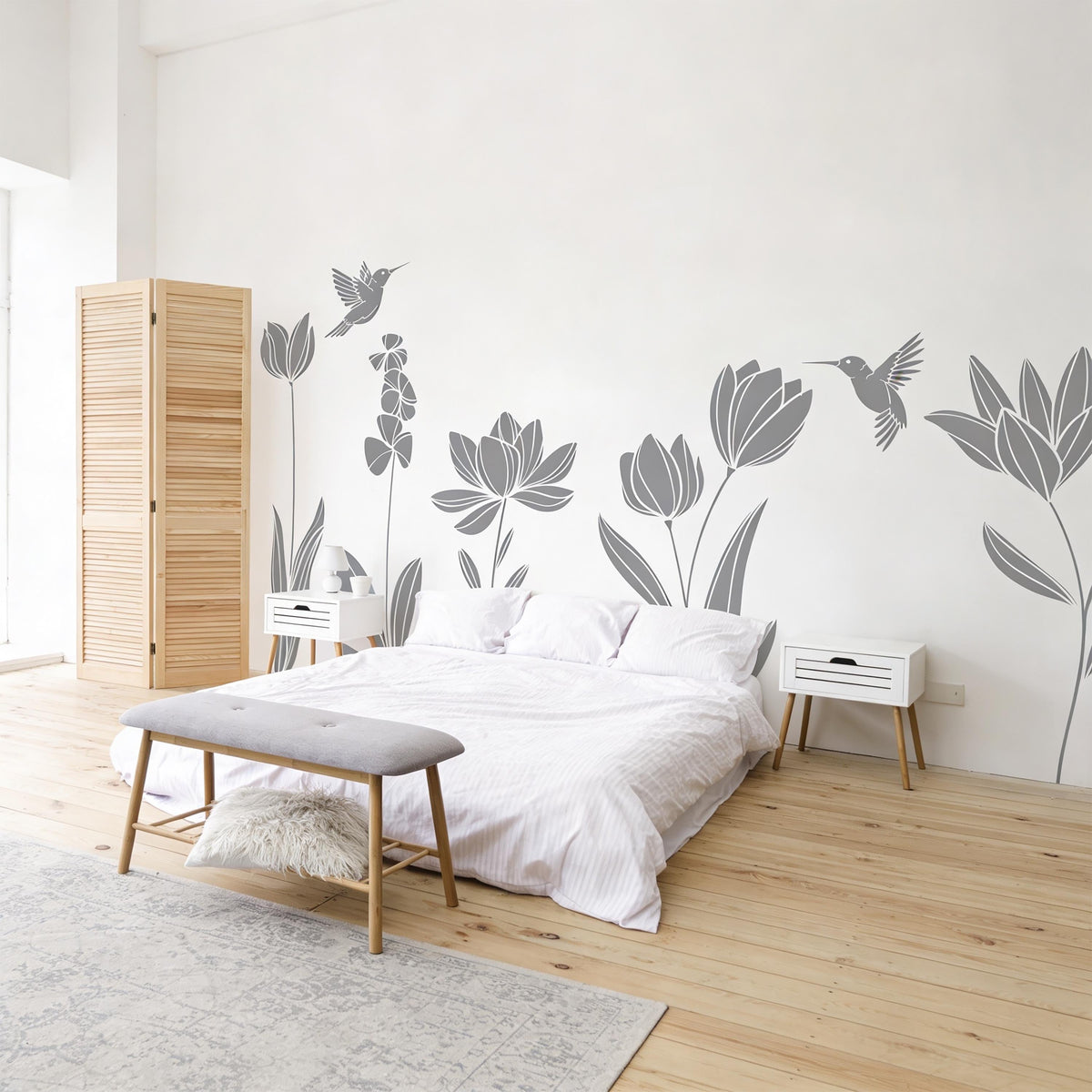 Boho Floral Wall Decals arranged on a wall