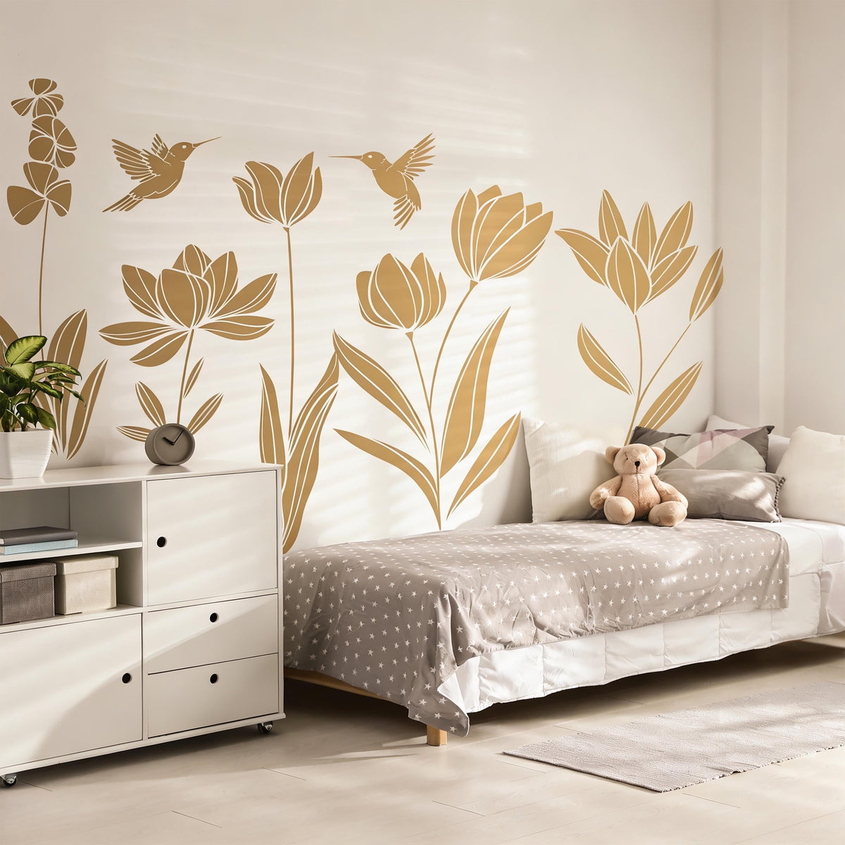 Boho Floral Wall Decals styled on a decorated wall