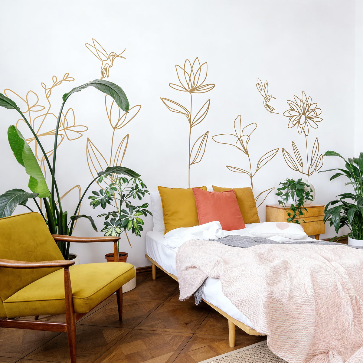 Boho Floral Wall Decals styled in a room setting