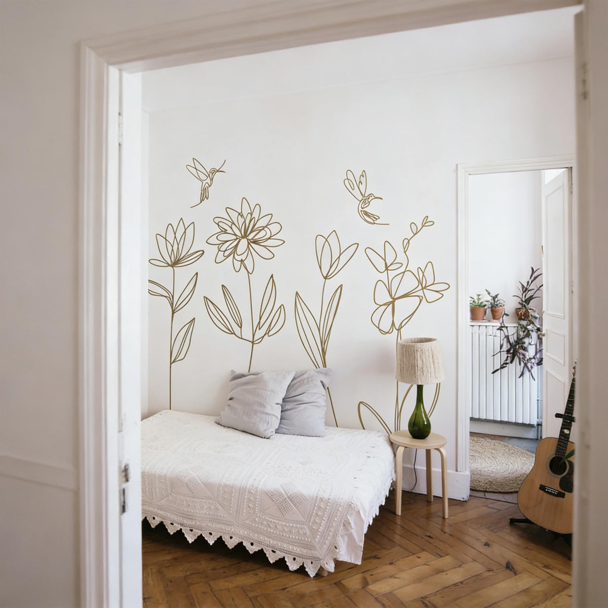 Boho Floral Wall Decals arranged on a wall