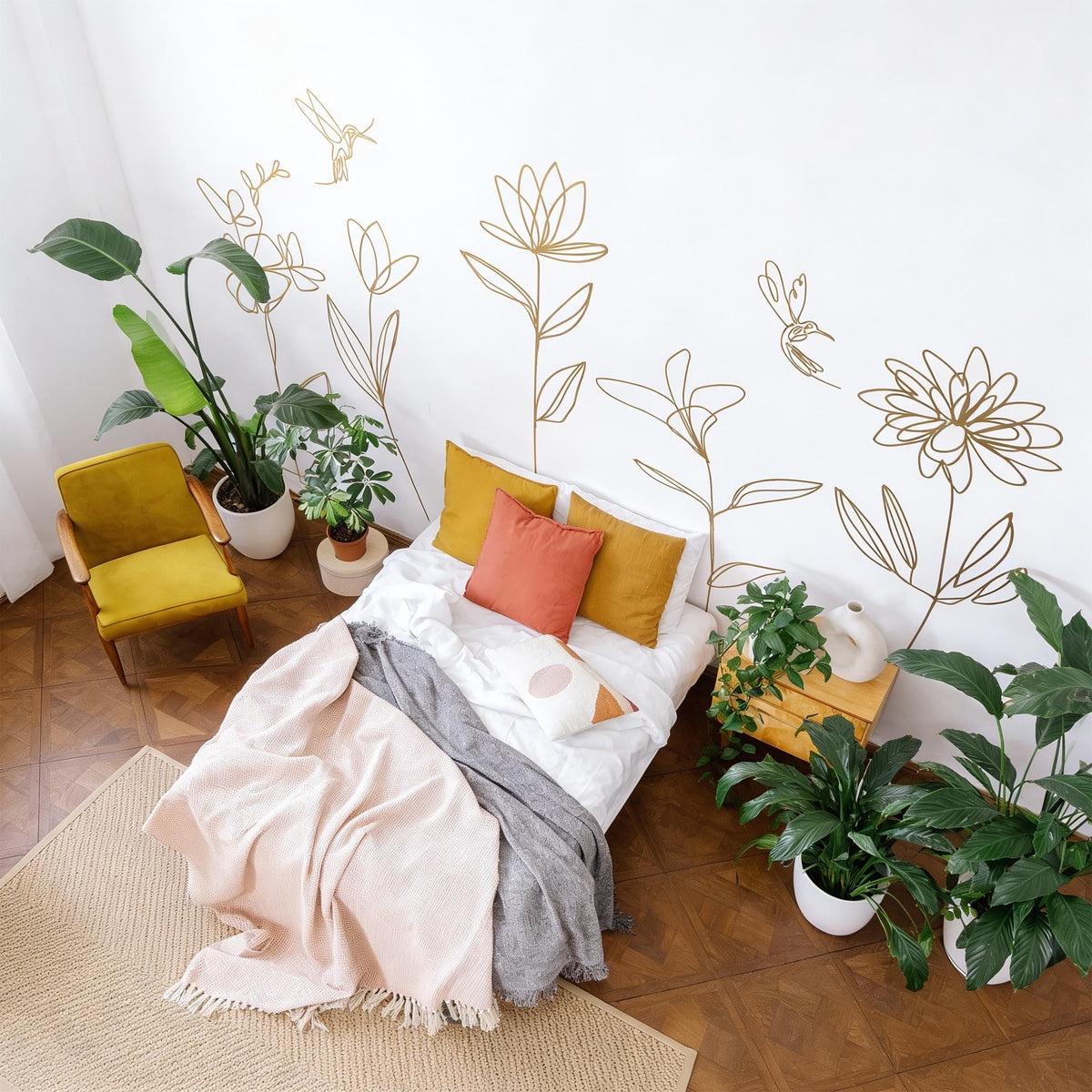 Boho Floral Wall Decals on a feature wall