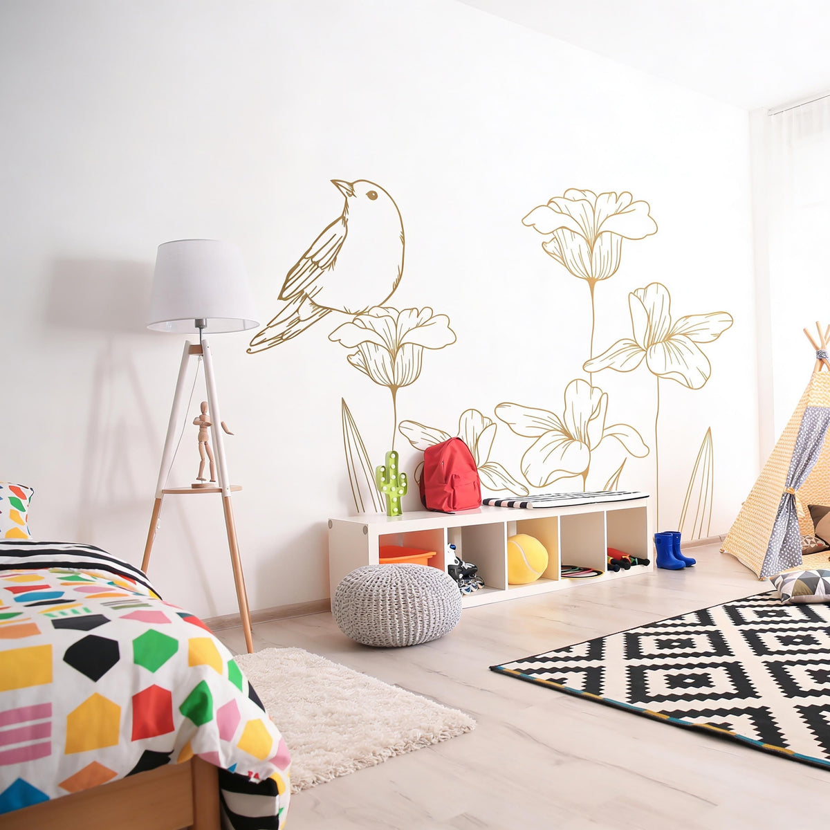 Bird and Flower Wall Decals on a feature wall