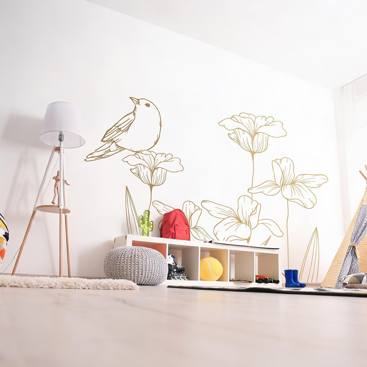 Bird and Flower Wall Decals styled in a room setting