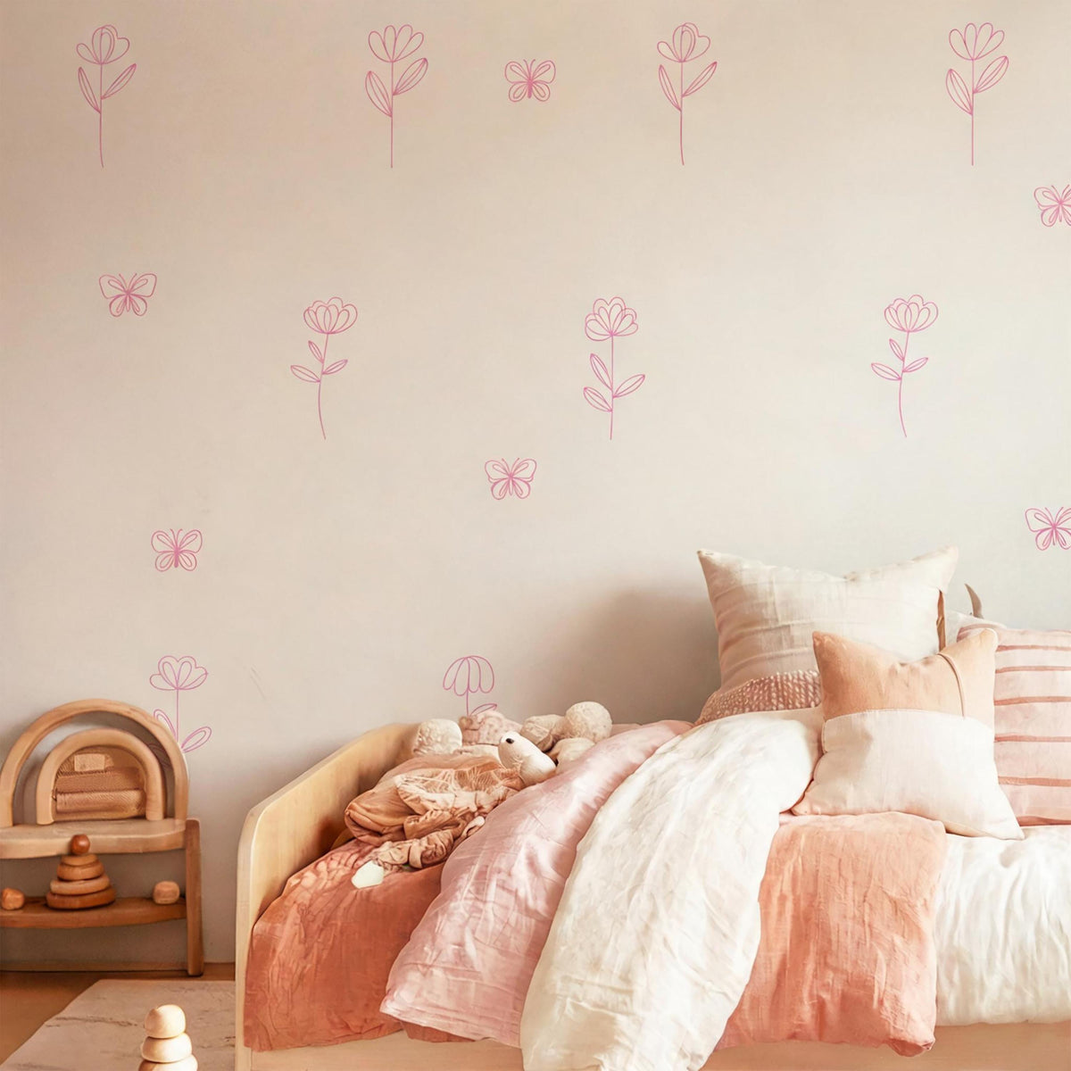 Hanging Flower Wall Decals with Butterflies on a feature wall