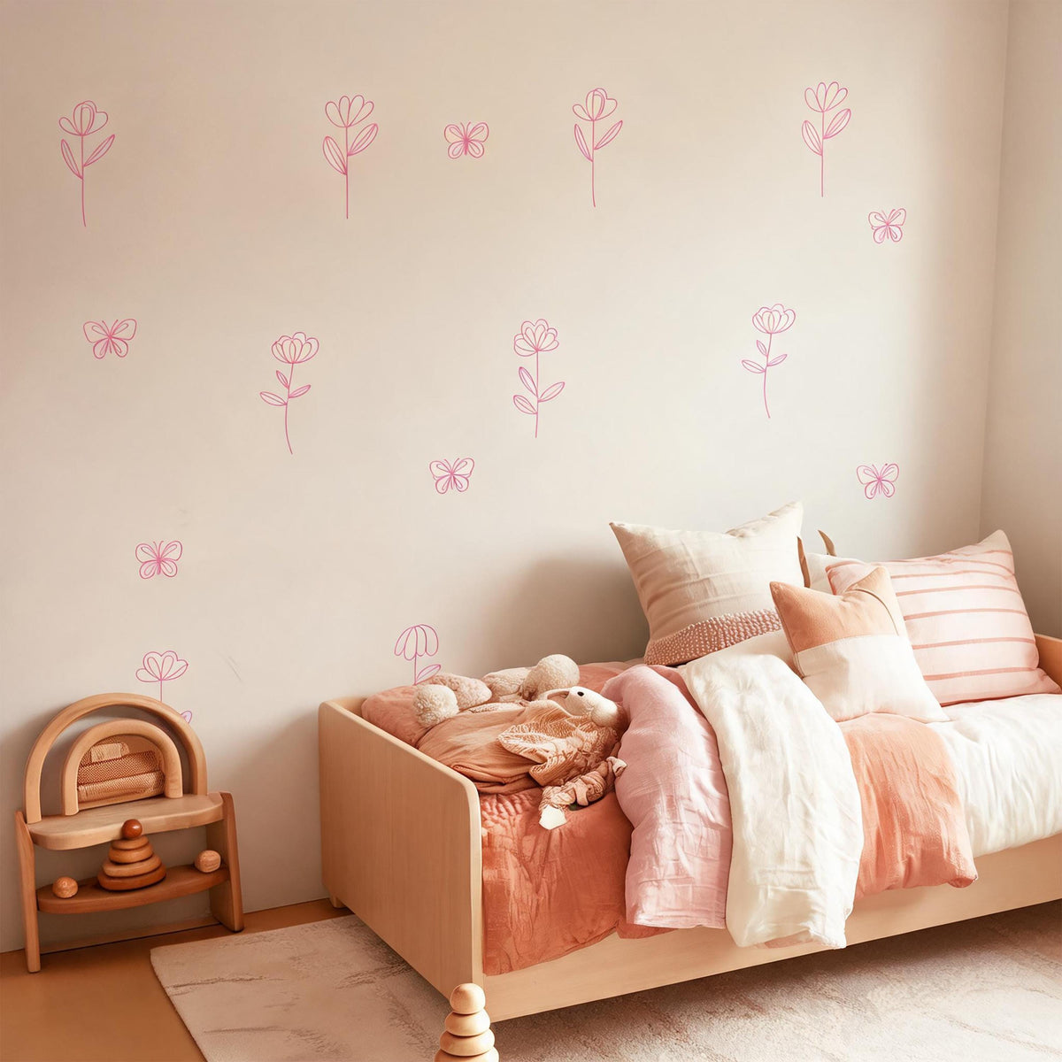 Hanging Flower Wall Decals with Butterflies styled in a room setting