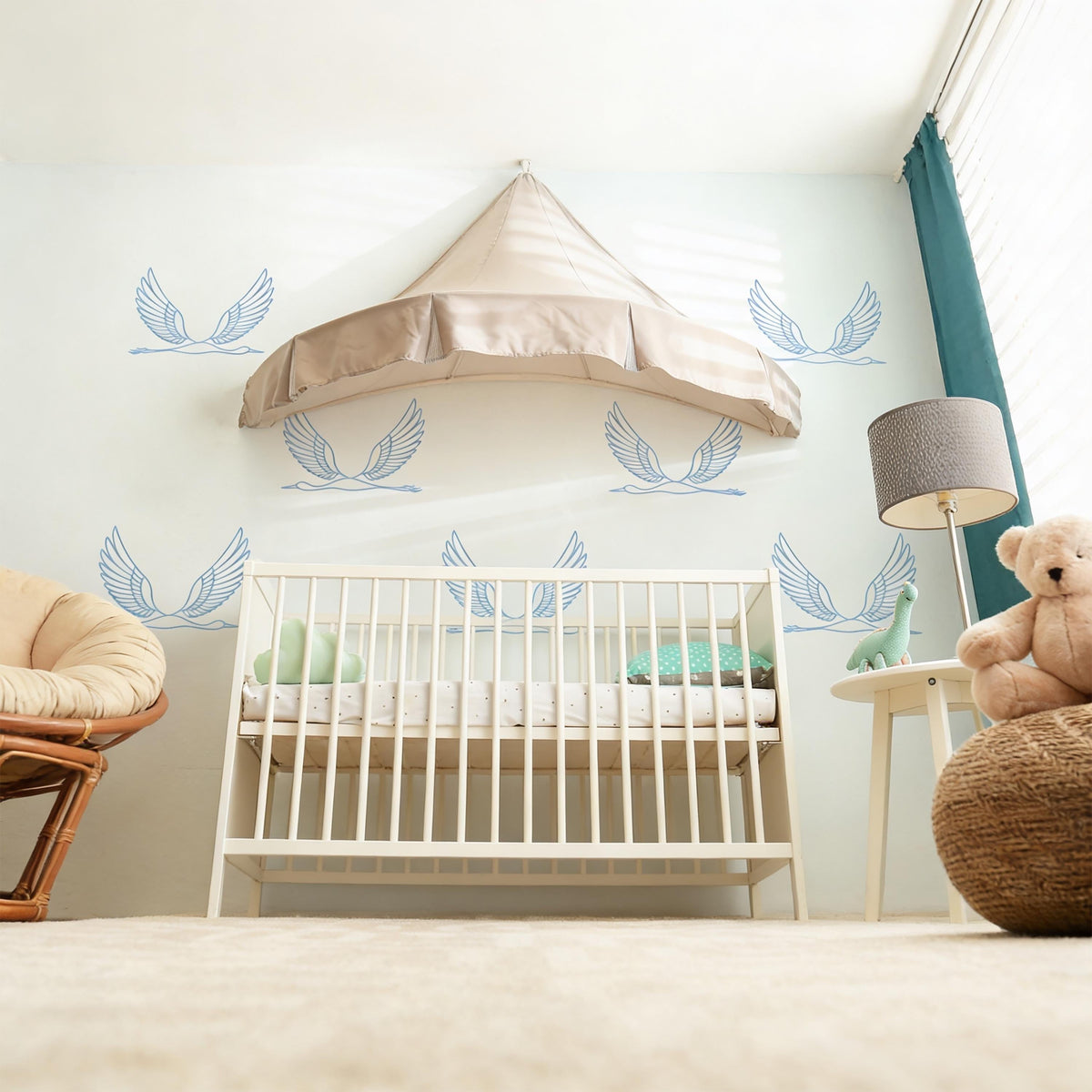 Flying Crane Wall Decals displayed in a styled space