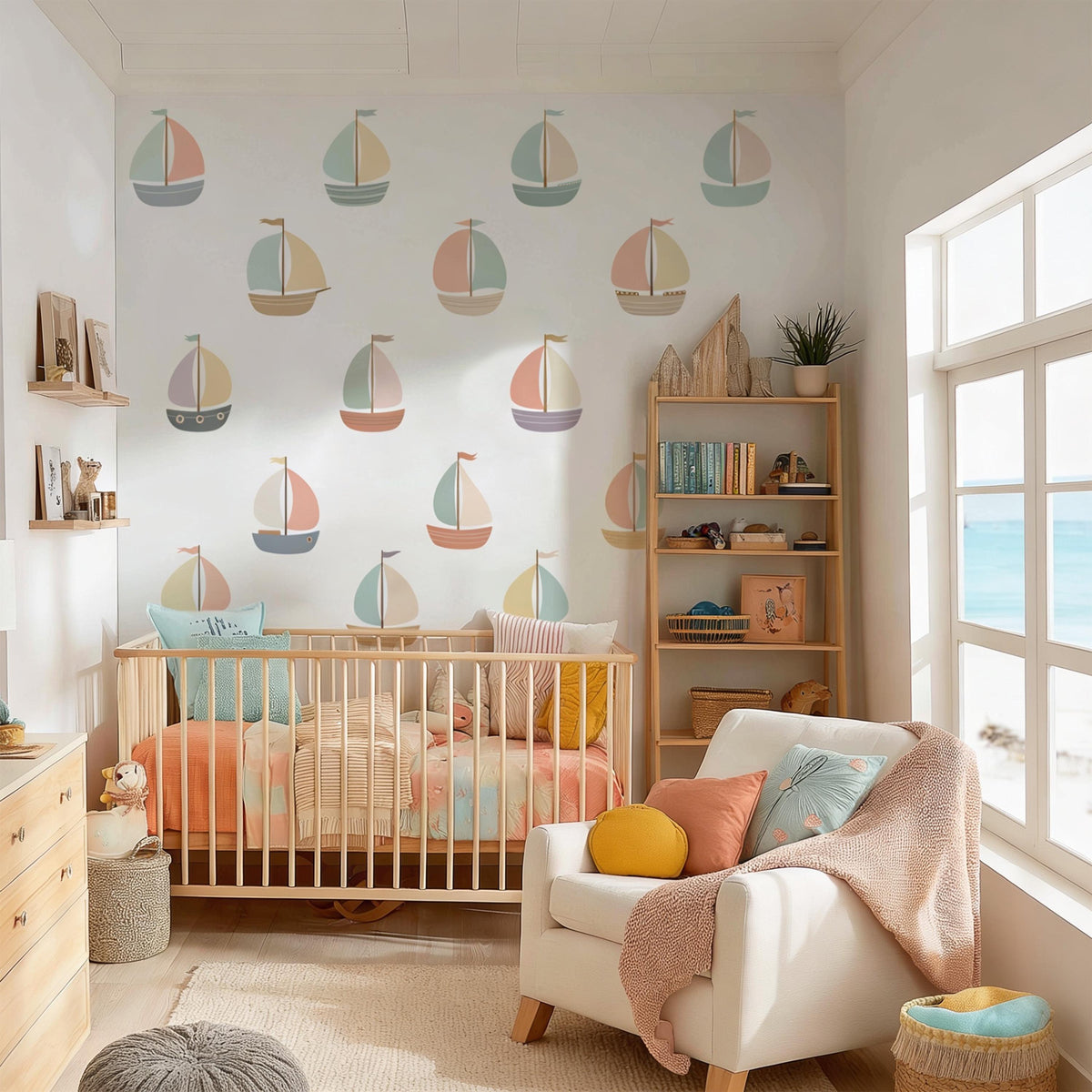 Sailboat Wall Decal Set styled in a room setting