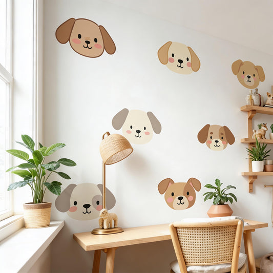 Dog Face Wall Decal Set styled on a decorated wall