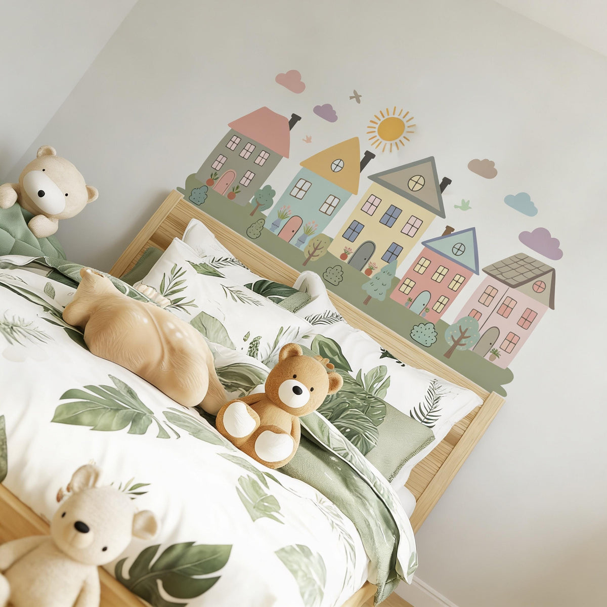 Pastel Village Wall Decal displayed in a styled space