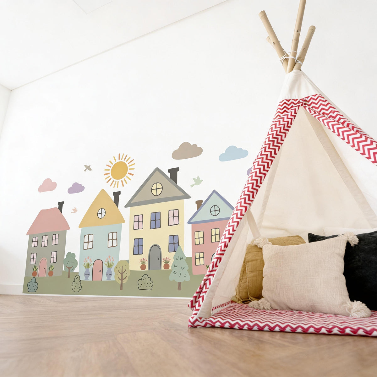 Pastel Village Wall Decal arranged on a wall