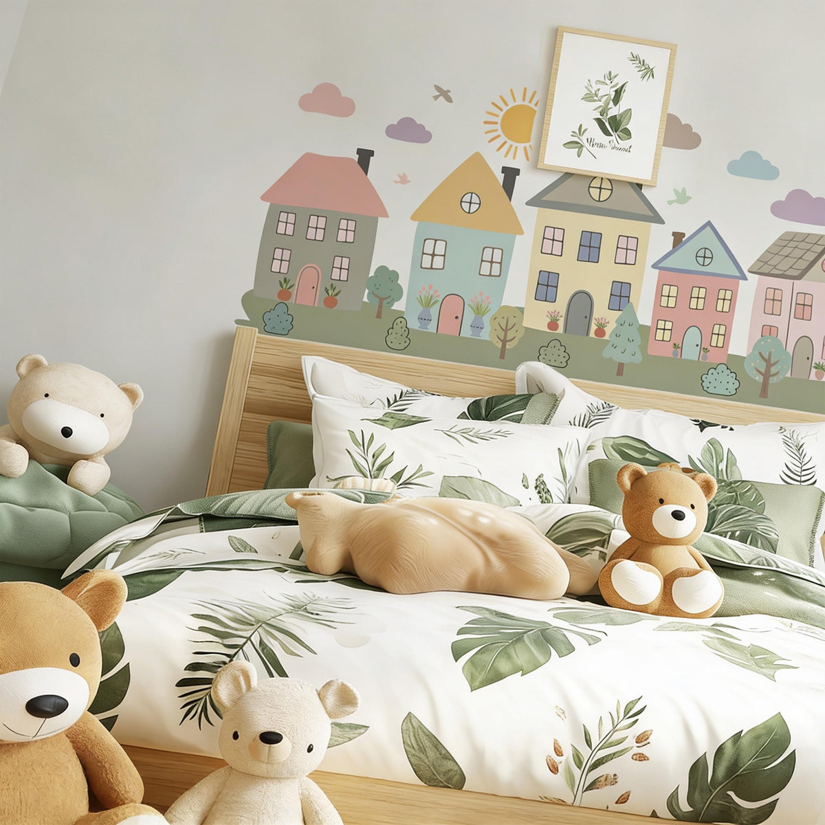 Pastel Village Wall Decal arranged on a wall