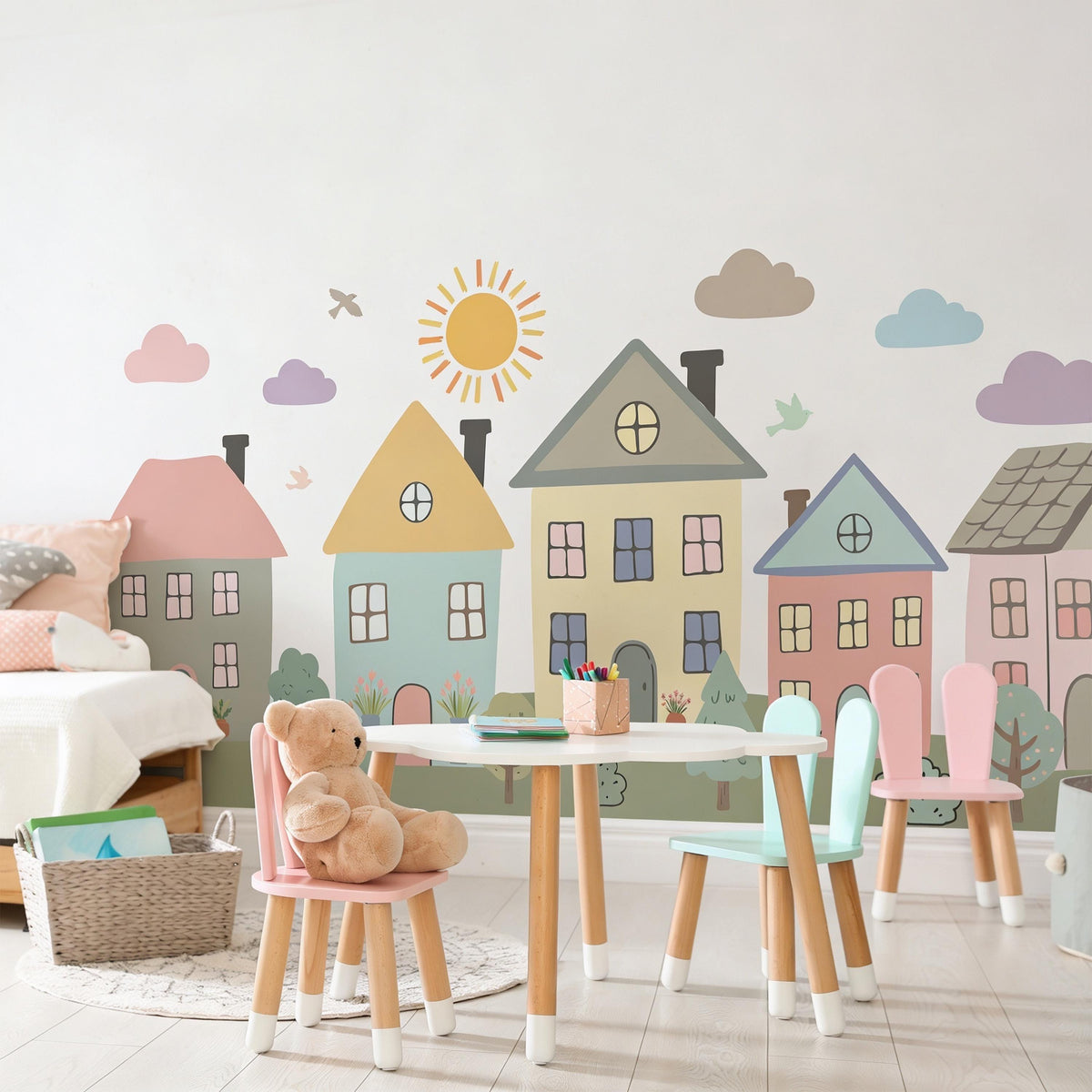 Pastel Village Wall Decal styled on a decorated wall