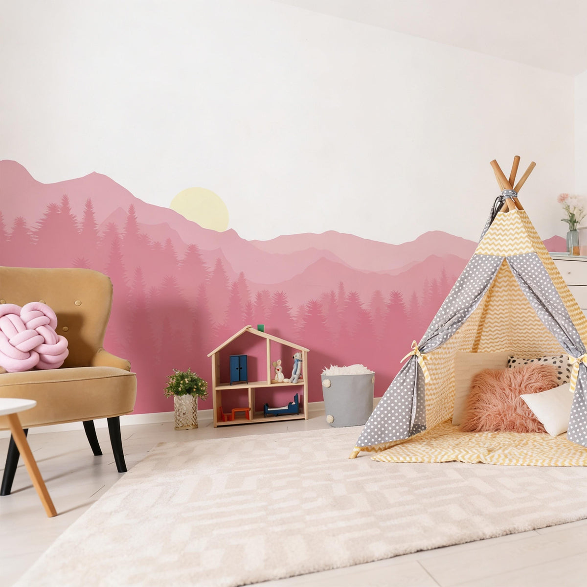 Mountain Forest Wall Mural Decal shown in a room setting