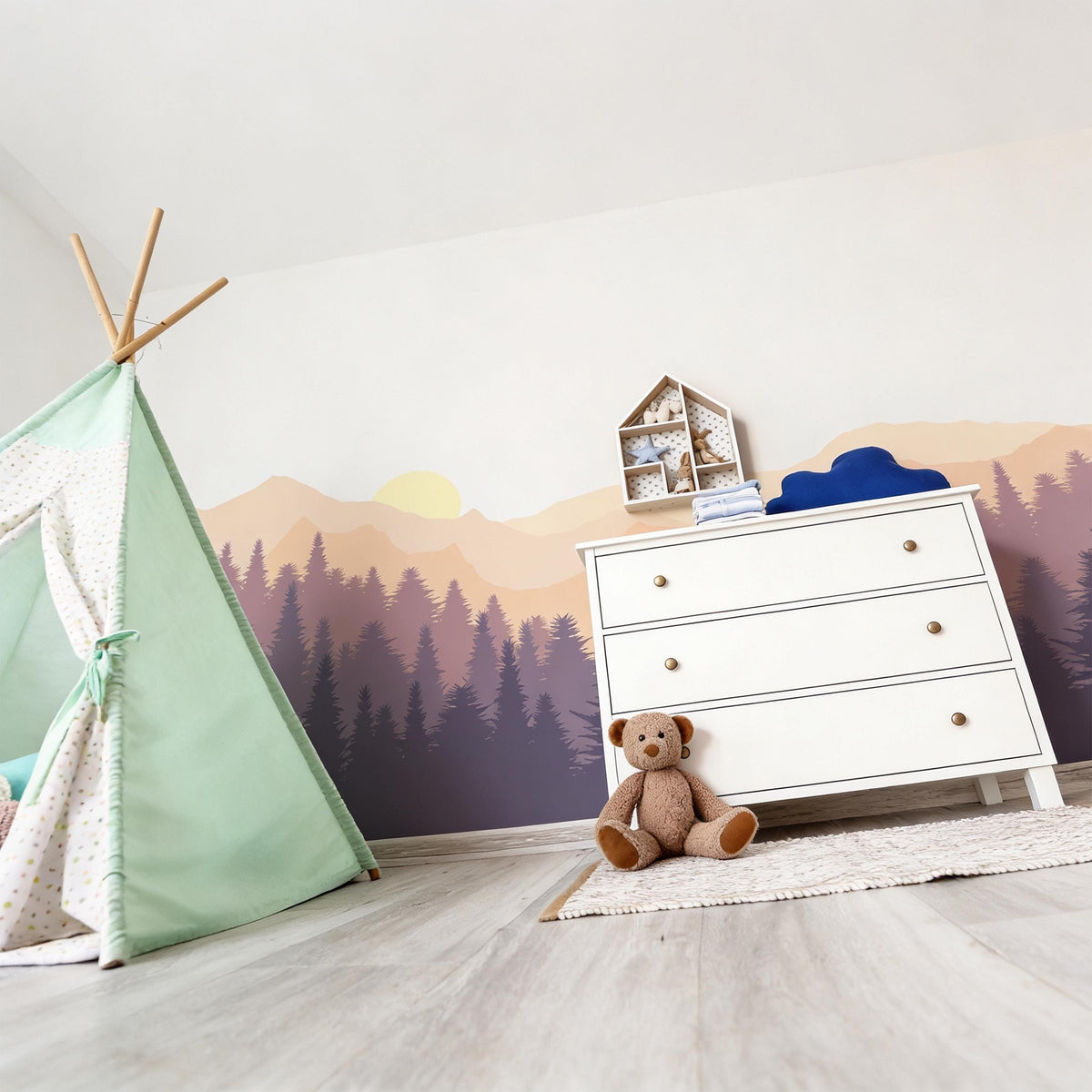 Mountain Forest Wall Mural Decal shown in a room setting