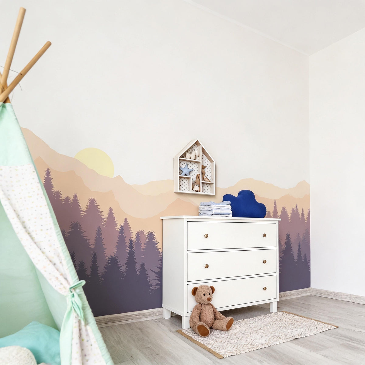 Mountain Forest Wall Mural Decal shown in a room setting
