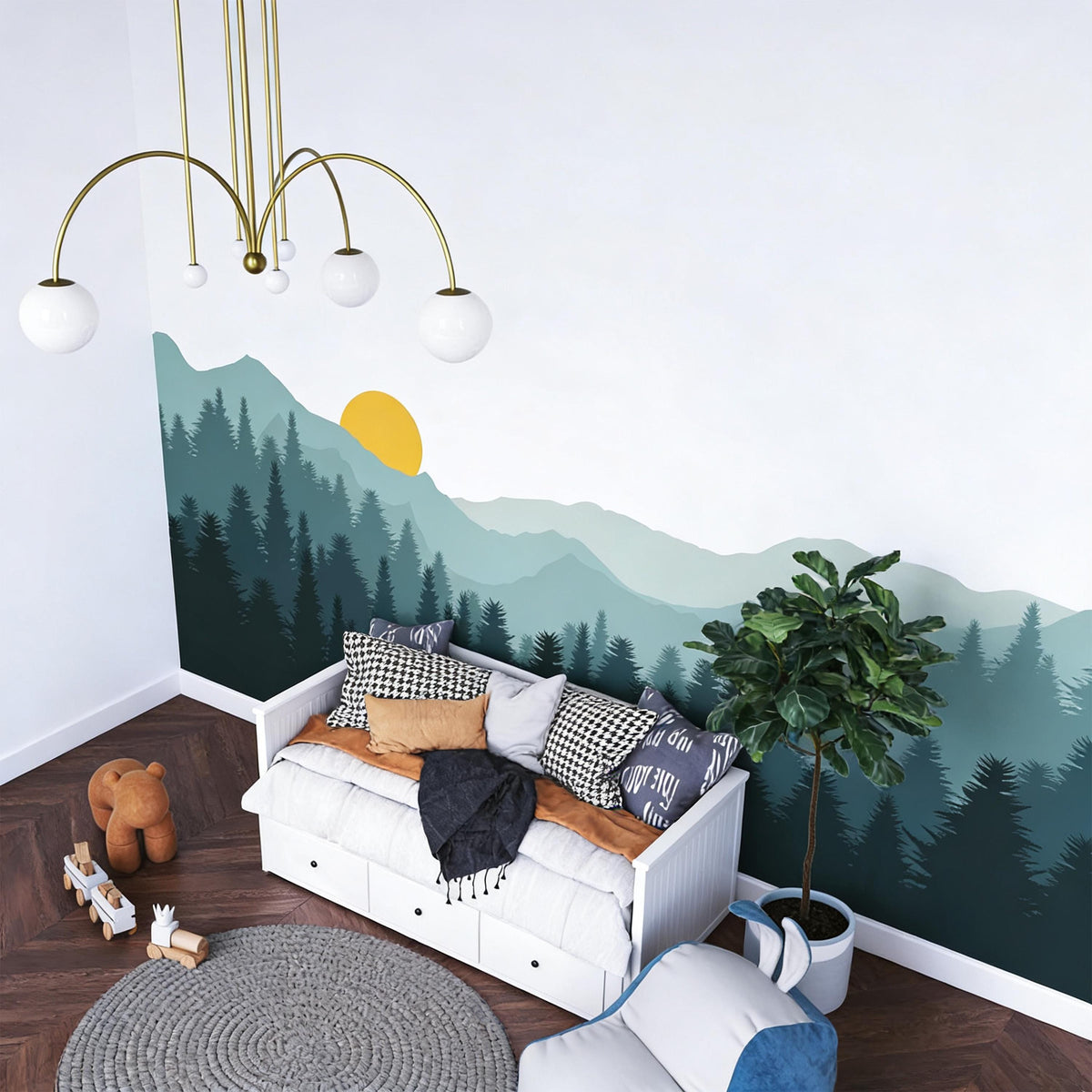 Mountain Forest Wall Mural Decal shown in a room setting