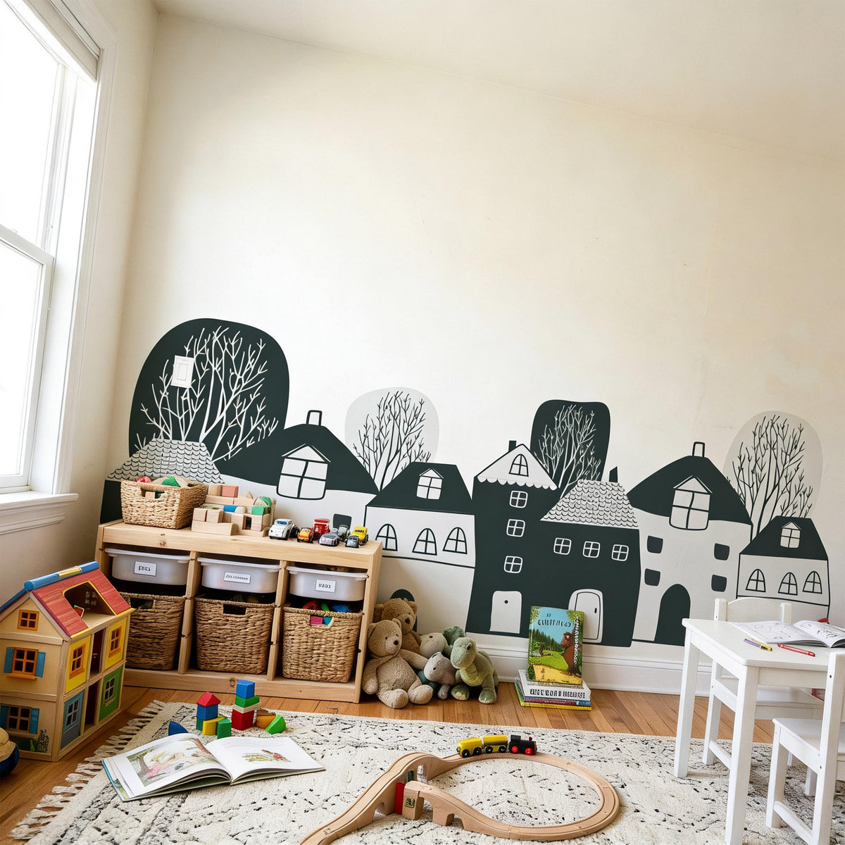 Whimsical Village Wall Mural Decal shown in a room setting