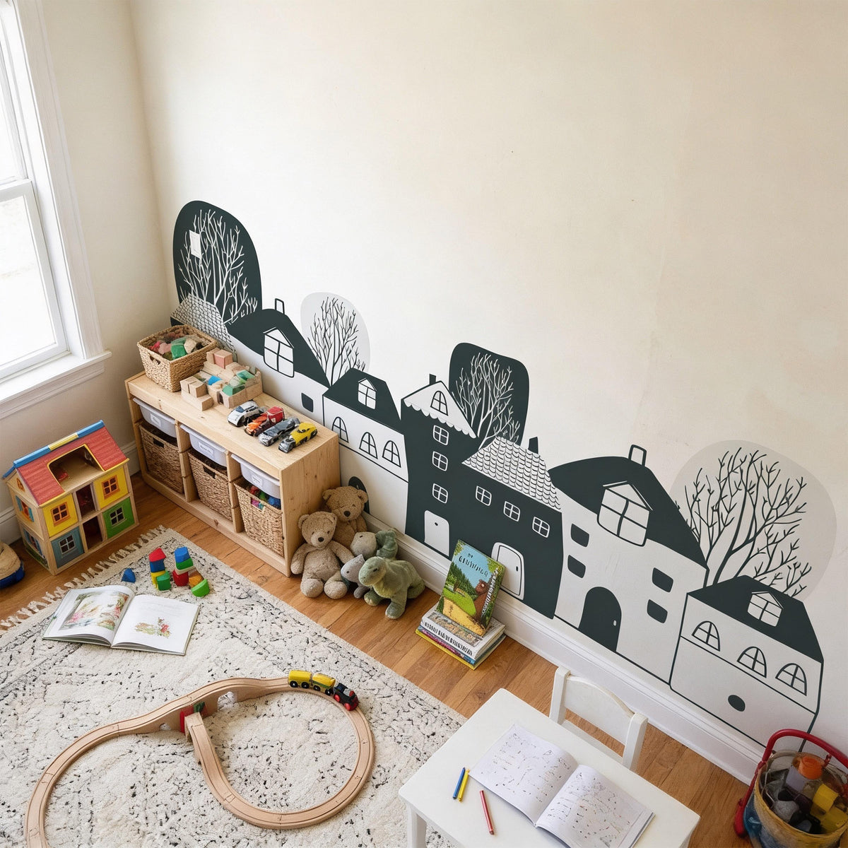 Whimsical Village Wall Mural Decal shown in a room setting