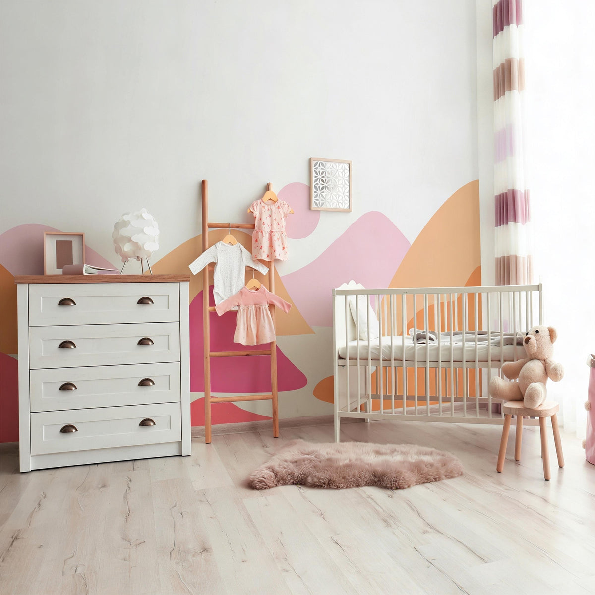 Pink Boho Mountain Wall Mural Decal shown in a room setting