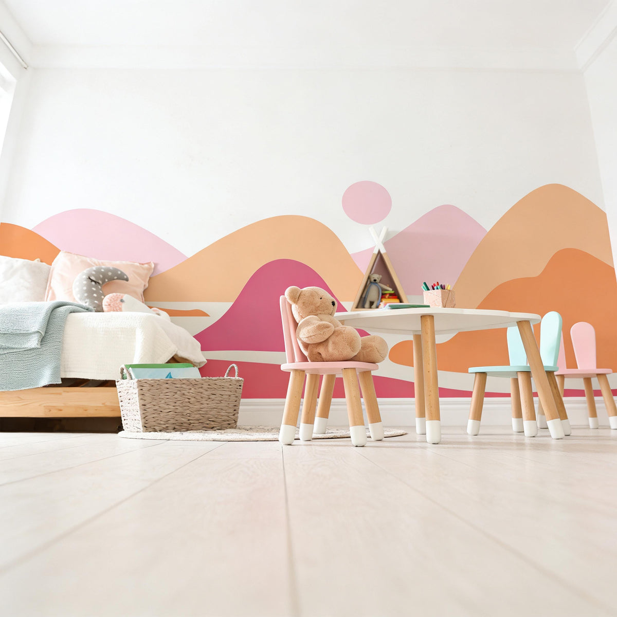 Pink Boho Mountain Wall Mural Decal shown in a room setting