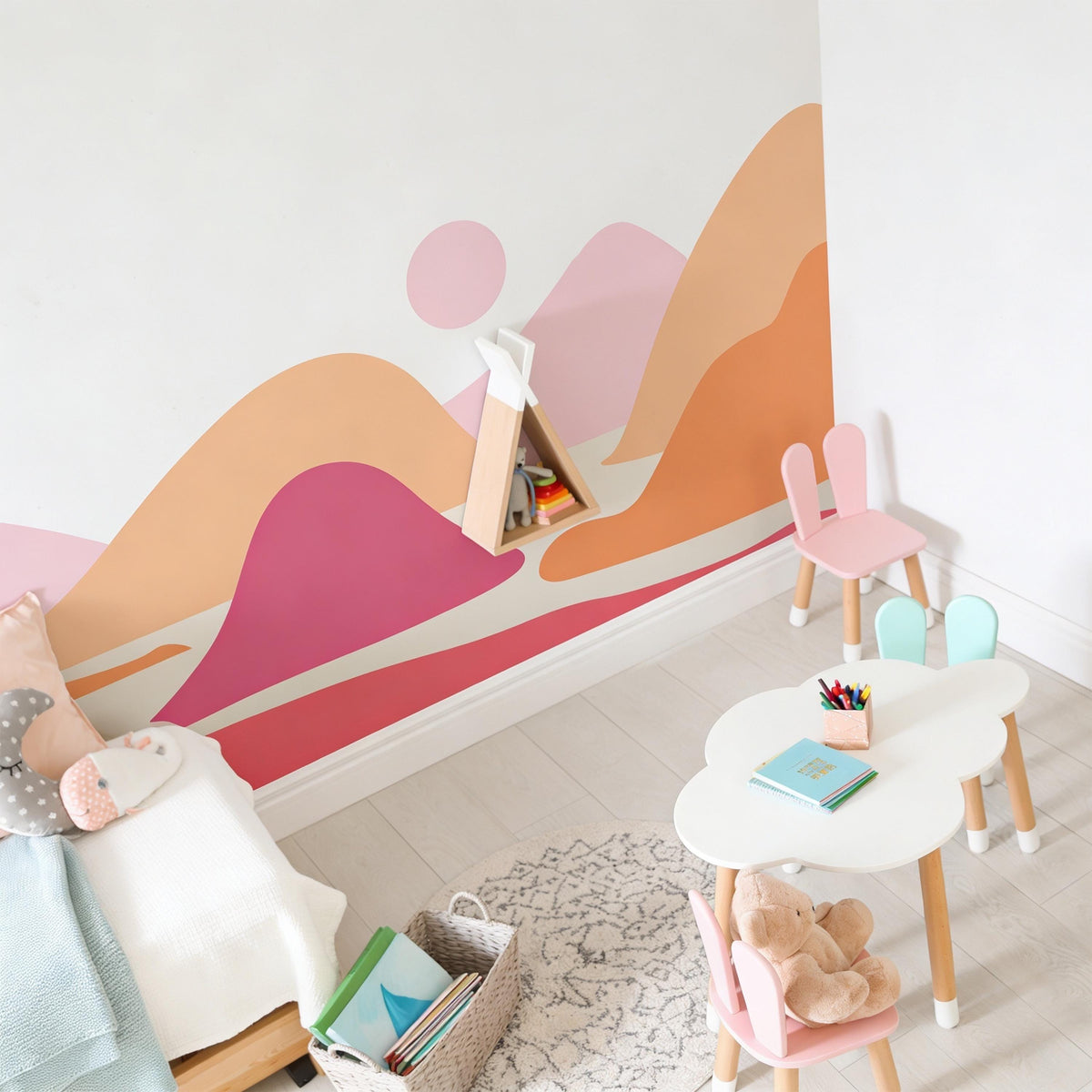Pink Boho Mountain Wall Mural Decal shown in a room setting