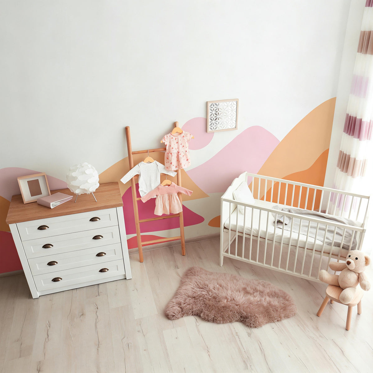 Pink Boho Mountain Wall Mural Decal shown in a room setting
