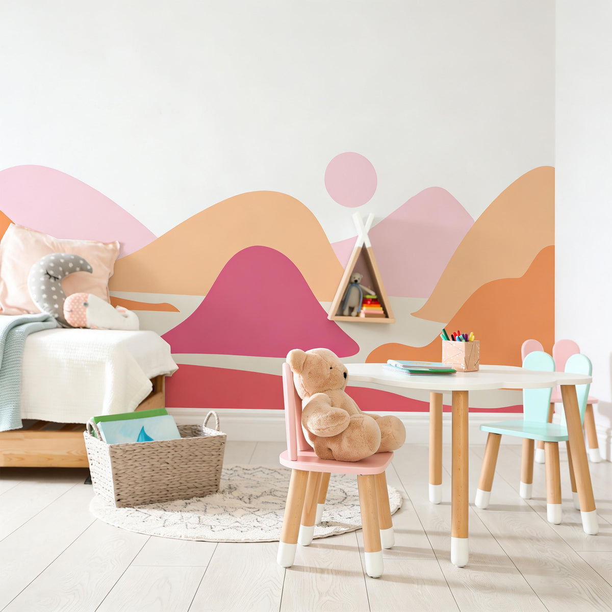 Pink Boho Mountain Wall Mural Decal shown in a room setting