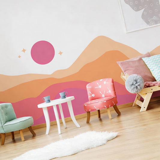 Boho Sunset Wave Wall Mural Decal styled on a wall
