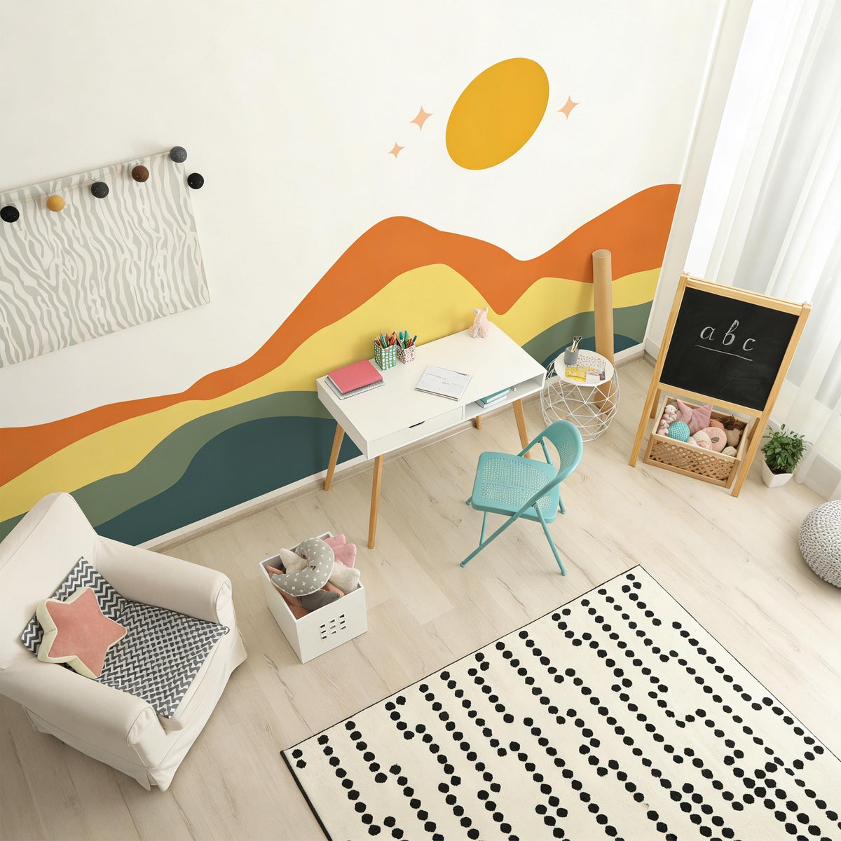 Boho Earthy Mountain Wave Wall Mural Decal shown in a room setting