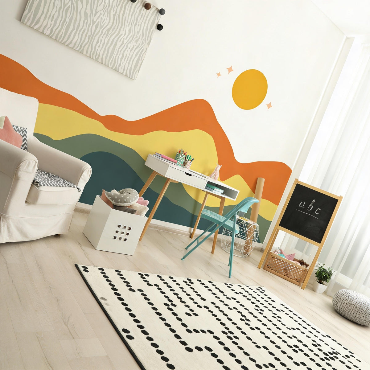 Boho Earthy Mountain Wave Wall Mural Decal shown in a room setting