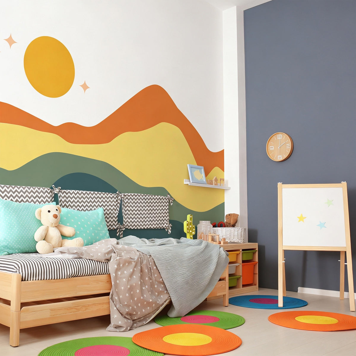 Boho Earthy Mountain Wave Wall Mural Decal shown in a room setting