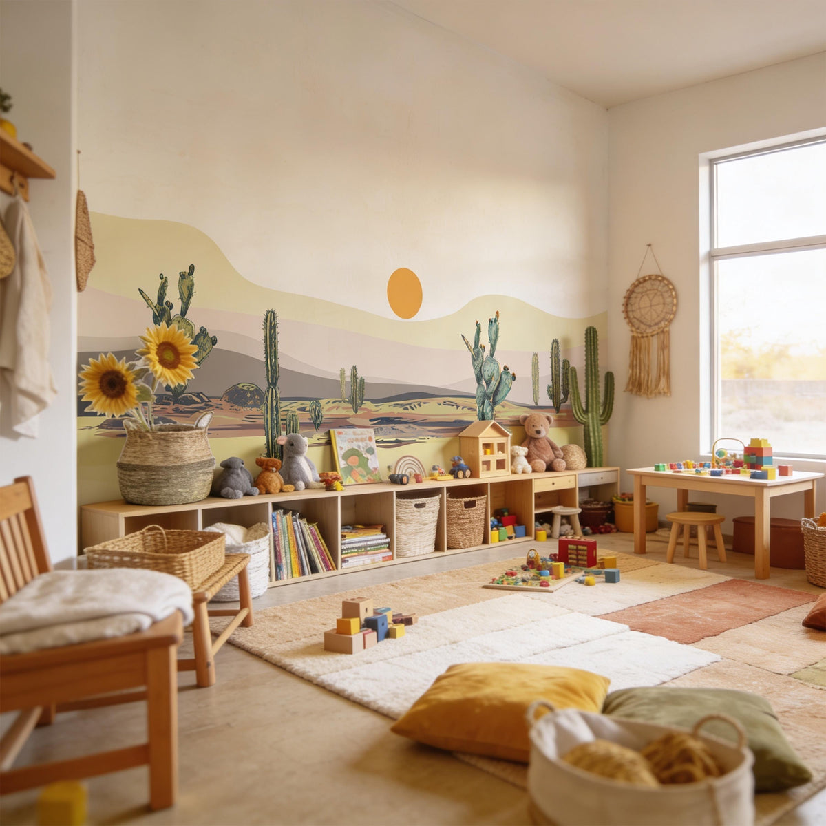 Botanical Cactus Wall Mural Decal shown in a room setting